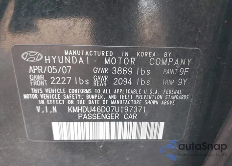 2007 Hyundai Elantra Gls/Limited/Se from USA, damaged, VIN KMHDU46D07U197371